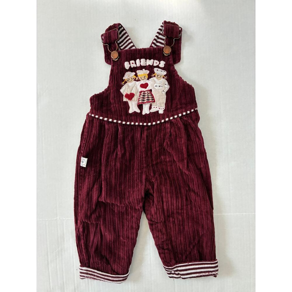 Corduroy Bib Overalls Burgundy Friends Applique Striped Knit Cuffs Snap Crotch